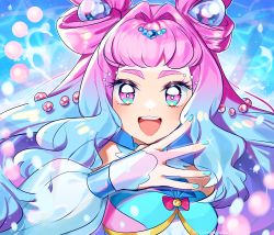 Rule 34 | 1girl, :d, absurdres, blue hair, blue nails, commentary request, cure la mer, fingernails, gradient hair, highres, laura (precure), long hair, looking at viewer, magical girl, multicolored hair, nail polish, ninahachi, open mouth, pink eyes, pink hair, precure, smile, solo, teeth, thick eyebrows, tropical-rouge! precure, twitter username, upper body, upper teeth only