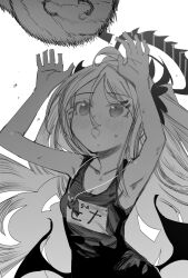 Rule 34 | 1girl, absurdres, arms up, blue archive, blush, breasts, doodle sensei (blue archive), greyscale, hair ribbon, halo, highres, hina (blue archive), hina (swimsuit) (blue archive), horns, long hair, low wings, monochrome, name tag, one-piece swimsuit, open mouth, ribbon, school swimsuit, sensei (blue archive), simple background, small breasts, solo, sweat, swimsuit, very long hair, whistling, wings, xiaoju xiaojie