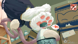 Rule 34 | !, 1girl, absurdres, animal hands, artist name, barefoot, black leg warmers, bottle, cat feet, cat girl, cat paws, cat tail, chinese commentary, commentary request, feet, foot focus, genshin impact, gold trim, heart, highres, holding, holding with feet, holding with tail, kirara (genshin impact), knees up, komaniya express (genshin impact), leg warmers, multiple tails, nekomata, out of frame, prehensile tail, signature, socks, solo, spoken heart, stool, tail, two tails, xhb