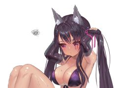 Rule 34 | 1girl, animal ear fluff, annie (destiny child), armpits, bikini, black hair, breasts, destiny child, elbow gloves, gloves, hair ribbon, highres, holding, holding own hair, knees up, large breasts, legs together, long hair, myabit, purple eyes, ribbon, solo, sweatdrop, swimsuit, twintails, very long hair, wet