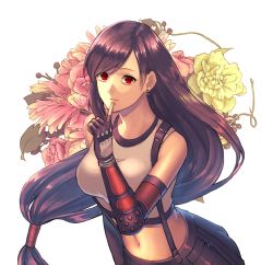 Rule 34 | 1girl, arm guards, bad id, bad pixiv id, bare shoulders, black skirt, breasts, brown hair, earrings, elbow pads, final fantasy, final fantasy vii, final fantasy vii remake, finger to mouth, fingerless gloves, flower, gloves, highres, jewelry, long hair, low-tied long hair, midriff, navel, ooki1089, pink lips, red eyes, shirt, skirt, suspender skirt, suspenders, suspenders gap, swept bangs, tank top, taut clothes, taut shirt, tifa lockhart, very long hair, white background, white tank top