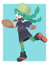 Rule 34 | 1girl, :d, absurdres, aqua background, black footwear, black skirt, blue pupils, blush stickers, boots, border, braid, brown mittens, commentary request, creatures (company), full body, fur hat, game freak, green eyes, green hair, green hat, green pantyhose, hat, highres, hood, hood down, hooded jacket, jacket, leg up, long hair, looking at viewer, mittens, nintendo, open mouth, outstretched arms, pantyhose, pokemon, pokemon legends: arceus, rii (mrhc7482), sabi (pokemon), skirt, smile, solo, twin braids, twintails, white border