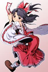 Rule 34 | 1girl, absurdres, adapted costume, bare shoulders, between fingers, black hair, bow, brown footwear, closed mouth, commentary request, detached sleeves, frilled bow, frilled skirt, frills, from side, full body, hair bow, hair tubes, hakurei reimu, half updo, hand up, highres, holding, long hair, long sleeves, looking at viewer, looking to the side, nontraditional miko, ofuda, ofuda between fingers, outline, parted bangs, red bow, red ribbon, red skirt, red vest, ribbon, ribbon-trimmed sleeves, ribbon-trimmed vest, ribbon trim, shirt, shoes, sidelocks, simple background, skirt, skirt set, sleeveless, sleeveless shirt, smile, socks, solo, temp (pixiv 60398327), touhou, vest, white outline, white ribbon, white shirt, white sleeves, white socks, wide sleeves