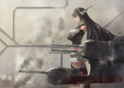 Rule 34 | 10s, 1girl, azomo, bare shoulders, black hair, cannon, crossed arms, elbow gloves, fingerless gloves, gloves, headgear, highres, kantai collection, long hair, machinery, midriff, nagato (kancolle), navel, pleated skirt, red eyes, skirt, smoke, solo, thighhighs, turret