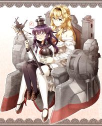 Rule 34 | 10s, 2girls, ^ ^, ^o^, age difference, akatsuki (kancolle), anchor symbol, black legwear, blonde hair, braid, breasts, child, closed eyes, commentary request, crown, dress, eyebrows, french braid, full body, garter straps, green eyes, hair between eyes, hairband, high heels, highres, kantai collection, large breasts, long hair, long sleeves, mini crown, multiple girls, musical note, no headwear, off-shoulder dress, off shoulder, onee-loli, pantyhose, pinup (style), purple hair, quaver, red soles, scepter, school uniform, serafuku, shoes, sitting, speech bubble, spoken musical note, tanaka kusao, thighhighs, throne, warspite (kancolle), white legwear, yuri