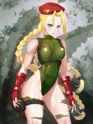Rule 34 | 1girl, abs, absurdres, antenna hair, beret, blonde hair, blue eyes, bodypaint, braid, breasts, cammy white, chest harness, covered navel, cowboy shot, facial scar, fingerless gloves, gloves, green leotard, harness, hat, highleg, highleg leotard, highres, impossible clothes, impossible leotard, leotard, long hair, looking at viewer, medium breasts, moragon584, red gloves, red hat, scar, scar on cheek, scar on face, solo, street fighter, street fighter 6, thong leotard, twin braids