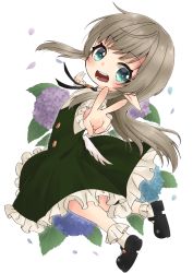 Rule 34 | 1girl, bad id, bad pixiv id, black footwear, blue eyes, blue flower, bobby socks, brown hair, commentary request, dress, feathered wings, flower, full body, green dress, head tilt, leaning back, long hair, long sleeves, looking at viewer, looking to the side, low wings, mary janes, original, petals, pointy ears, puffy long sleeves, puffy sleeves, purple flower, reo (re2kn), shirt, shoes, sidelocks, simple background, sleeveless, sleeveless dress, socks, solo, very long hair, white background, white shirt, white socks, white wings, wings