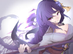 Rule 34 | 1girl, braid, breasts, bridal gauntlets, cleavage, commentary request, flower, genshin impact, hair ornament, highres, holding, holding polearm, holding weapon, japanese clothes, kimono, large breasts, long hair, mitsudomoe (shape), noven lh, obi, obiage, obijime, open mouth, parted lips, polearm, purple eyes, purple flower, purple hair, raiden shogun, sash, simple background, solo, tassel, tomoe (symbol), weapon, white background