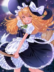 Rule 34 | 0621ff, 1girl, apron, arm behind head, back bow, blonde hair, blush, bow, braid, broom, broom riding, collared shirt, dress, flying, grin, hair bow, hat, hat bow, highres, kirisame marisa, long hair, moon, neck ribbon, night, night sky, petticoat, pinafore dress, puffy short sleeves, puffy sleeves, ribbon, shirt, short sleeves, side braid, sky, sleeveless dress, smile, solo, star (sky), starry sky, touhou, v-shaped eyebrows, waist apron, witch, witch hat, yellow eyes