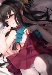 Rule 34 | 1girl, bare arms, bare shoulders, bed sheet, black hair, blush, bow, breasts, brown hair, commentary, dress, fingernails, grey pantyhose, hair between eyes, hair bow, half-closed eyes, kantai collection, long hair, looking at viewer, lying, medium breasts, multicolored hair, naganami (kancolle), nipples, on back, pantyhose, parted lips, pink hair, purple dress, sleeveless, sleeveless dress, smile, solo, very long hair, yellow bow, yumeki