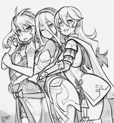 Rule 34 | 3girls, alternate costume, azura (fire emblem), corrin (female) (fire emblem), corrin (fire emblem), cosplay, costume switch, fire emblem, fire emblem fates, girl sandwich, greyscale, hands on own hips, hinoka (fire emblem), md5 mismatch, monochrome, multiple girls, nintendo, pointy ears, resized, resolution mismatch, ryev, sandwiched, simple background, source smaller, thighhighs, thighs, upscaled, white background