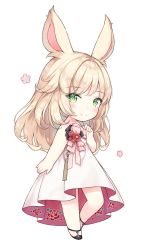 Rule 34 | 1girl, animal ears, ayuanlv, bare arms, bare shoulders, black footwear, blush, chibi, closed mouth, dress, final fantasy, final fantasy xiv, floral print, flower, full body, green eyes, hair between eyes, light brown hair, long hair, mole, mole under eye, rabbit ears, red flower, rose print, shoes, simple background, smile, solo, standing, strapless, strapless dress, viera, warrior of light (ff14), white background, white dress