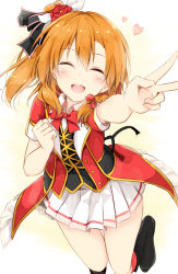 Rule 34 | 10s, 1girl, :d, ^ ^, bad id, bad pixiv id, bokura no live kimi to no life, bow, bowtie, closed eyes, facing viewer, heart, kosaka honoka, leg up, love live!, love live! school idol project, open mouth, orange hair, outstretched arm, pleated skirt, red bow, red bowtie, shiina kuro, short sleeves, side ponytail, skirt, smile, solo, standing, v