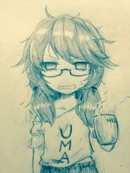 Rule 34 | 1girl, alternate costume, collarbone, commentary request, cowboy shot, cup, efukei, glasses, highres, holding, holding cup, looking at viewer, low twintails, monochrome, off shoulder, one-hour drawing challenge, open mouth, semi-rimless eyewear, shirt, short sleeves, smoke, solo, sweat, touhou, traditional media, twintails, under-rim eyewear, usami sumireko