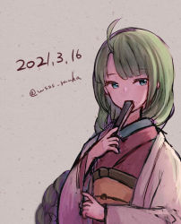 Rule 34 | 1girl, alternate costume, blue eyes, braid, folded fan, commentary request, dated, folding fan, green hair, grey background, hand fan, japanese clothes, kantai collection, kimono, long hair, mole, mole under mouth, simple background, single braid, solo, twitter username, upper body, very long hair, wss (nicoseiga19993411), yuugumo (kancolle)