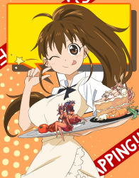 Rule 34 | 2021, 4girls, apron, bikini, blush, breasts, brown hair, cake, cake slice, carrot, closed mouth, food, highres, holding, holding tray, large breasts, long hair, looking at viewer, lying, matsu-sensei, multiple girls, on side, one eye closed, original, ponytail, sitting, smile, standing, swimsuit, taneshima popura, tongue, tongue out, tray, uniform, working!!
