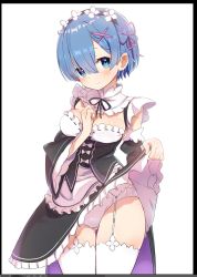 Rule 34 | 1girl, black border, blue eyes, blue hair, blush, border, breasts, caburi, clothes lift, commentary request, detached sleeves, dress, dress lift, frilled dress, frills, garter belt, garter straps, hair between eyes, hair ornament, highres, lifted by self, looking at viewer, maid, maid headdress, medium breasts, panties, pink ribbon, re:zero kara hajimeru isekai seikatsu, rem (re:zero), ribbon, roswaal mansion maid uniform, short hair, simple background, smile, solo, thighhighs, underwear, white background, white panties, white thighhighs, x hair ornament