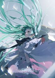 Rule 34 | 1girl, absurdres, aqua eyes, aqua hair, belt, black gloves, black scarf, black thighhighs, building, character name, cloak, closed mouth, clothes grab, cowboy shot, day, dress, english text, eyelashes, film grain, floating hair, from side, gloves, green eyes, green hair, hatsune miku, highres, hood, hood down, hooded cloak, huge filesize, lips, lipstick, logo, long hair, looking away, looking up, makeup, motion blur, petticoat, rolua, scarf, sky, solo, thighhighs, torn cloak, torn clothes, very long hair, vocaloid, wind