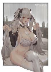 Rule 34 | :p, absurdres, azur lane, bad id, bad pixiv id, between breasts, black bow, blush, border, bottomless, bow, bra, breasts, character name, cirilla lin, cleavage, collarbone, couch, crossed legs, detached collar, feet out of frame, formidable (azur lane), frilled bra, frills, groin, hair bow, highres, holding, holding own hair, jar, large breasts, long hair, long sleeves, navel, no panties, on couch, outside border, red eyes, silver hair, sitting, smile, solo, stomach, thighhighs, tongue, tongue out, twintails, underwear, underwear only, very long hair, white border, white bra, white thighhighs