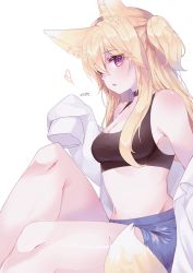 Rule 34 | 1girl, absurdres, animal ears, artist request, bare legs, bare shoulders, black choker, blonde hair, blue shorts, breasts, choker, cleavage, commission, crop top, denim, denim shorts, fox ears, fox girl, fox tail, heart, highres, knee up, long hair, long sleeves, looking at viewer, medium breasts, midriff, navel, off shoulder, one side up, open clothes, open shirt, original, parted lips, purple eyes, revealing clothes, second-party source, shirt, short shorts, shorts, sidelocks, simple background, sleeveless, sleeves past fingers, sleeves past wrists, solo, stomach, tail, tank top, torn clothes, torn shorts, white background, white shirt