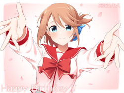 Rule 34 | 1girl, blouse, blue eyes, blush, bow, brown hair, dated, folded ponytail, hair ornament, highres, kisaragi hina, komaki manaka, long sleeves, medium hair, outstretched arms, petals, pink background, red bow, school uniform, serafuku, shirt, smile, solo, to heart (series), to heart 2, upper body, white shirt