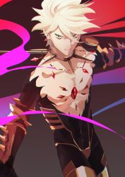 1boy armor bishounen blue_eyes fate/grand_order fate_(series) highres jewelry karna_(fate) koroponsu3 looking_at_viewer male_focus necklace simple_background topless_male white_hair