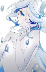 Rule 34 | 1girl, absurdres, air bubble, blue eyes, blue hair, breasts, bubble, crying, crying with eyes open, fingernails, furina (genshin impact), genshin impact, hair between eyes, heterochromia, highres, light blue hair, long hair, looking to the side, multicolored hair, nude, parted lips, sad, shiron0 kooplum nana, sidelocks, simple background, small breasts, solo, streaked hair, teardrop, tears, two-tone hair, upper body, white background