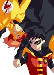 Rule 34 | 2boys, black hair, blue eyes, broken mask, dc comics, dick grayson, domino mask, closed eyes, gloves, goggles, kid flash, lightning bolt symbol, male focus, mask, multiple boys, orange hair, rheliant, robin (dc), torn clothes, wally west, young justice: invasion