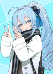 Rule 34 | 1girl, bag, blue eyes, blue hair, blue nails, coat, double v, grin, hair ornament, handbag, hide (hideout), highres, looking at viewer, original, ponytail, scarf, smile, solo, v, winter clothes, winter coat