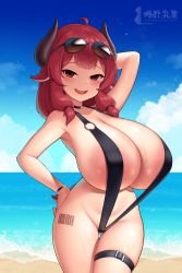 Rule 34 | 1girl, absurdres, ahoge, animal ears, areola slip, barcode, barcode tattoo, bare shoulders, beach, black choker, black one-piece swimsuit, blue sky, borrowed character, breasts, choker, cleavage, cowboy shot, demon girl, demon horns, eyewear on head, gluteal fold, goat-chan (enarane), goat girl, goat horns, highres, horizon, horns, huge breasts, kaedeno yuu, large areolae, long hair, looking at viewer, o-ring, ocean, one-piece swimsuit, original, outdoors, red eyes, red hair, shortstack, signature, sky, slingshot swimsuit, smile, solo, summer, sunglasses, swimsuit, tail, tattoo, thigh strap