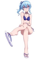 Rule 34 | 1girl, :q, bare arms, bare legs, bare shoulders, bikini, blue bikini, blue choker, blue eyes, blue hair, blue nails, breasts, choker, collarbone, commentary, crossed legs, feet, flip-flops, foot focus, foreshortening, hair between eyes, hand on own knee, hand on own leg, highres, hololive, hoshimachi suisei, licking lips, long hair, nail polish, p-nekoe, sandals, shoe dangle, side-tie bikini bottom, side ponytail, simple background, sitting, small breasts, solo, star (symbol), star in eye, swimsuit, symbol in eye, toenail polish, toenails, toes, tongue, tongue out, virtual youtuber, white background