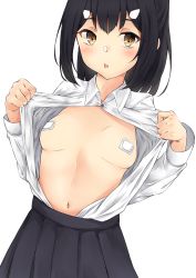 Rule 34 | 1girl, bandaid, bandaids on nipples, black hair, black skirt, breasts, brown hair, collared shirt, commentary request, dress shirt, fate/kaleid liner prisma illya, fate (series), hair ornament, hairclip, highres, long hair, long sleeves, looking at viewer, medium breasts, miyu edelfelt, navel, no bra, open clothes, open shirt, parted lips, pasties, pleated skirt, shirt, simple background, siroimo0828, skirt, solo, white background, white shirt
