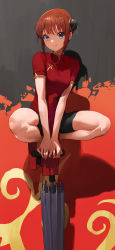 Rule 34 | 1girl, bike shorts, black footwear, blue eyes, bun cover, china dress, chinese clothes, commentary request, double bun, dress, full body, gintama, hair bun, highres, kagura (gintama), looking at viewer, modare, oil-paper umbrella, orange hair, red dress, short hair, short sleeves, smile, solo, squatting, standing on object, tassel, thighs, umbrella