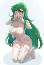 Rule 34 | 1girl, absurdres, backlighting, breasts, cable knit, commentary, detached sleeves, english commentary, eyeshadow, full body, garter straps, genderswap, genderswap (mtf), green eyes, green eyeshadow, green hair, green lips, green nails, hair ornament, hands on own cheeks, hands on own face, highres, huge breasts, kneeling, league of legends, long hair, looking at viewer, lowleg, lowleg panties, makeup, meme attire, no shoes, panties, personification, ribbed sleeves, ribbed thighhighs, sideboob, solo, sweater, thigh gap, thresh (league of legends), turtleneck, turtleneck sweater, underwear, very long hair, vilde loh hocen, virgin destroyer sweater, white background, white garter straps, white sweater, x hair ornament, yandere trance