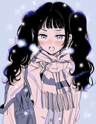 Rule 34 | 1girl, :o, artist name, black hair, blue background, blush, breath, coat, commentary, grey coat, grey eyes, grey scarf, long hair, long sleeves, looking at viewer, open mouth, original, scarf, signature, simple background, sketch, snowflake background, snowflakes, snowing, solo, split mouth, striped clothes, striped scarf, sugano manami, teeth, twintails, upper body, upper teeth only, wavy hair, winter clothes
