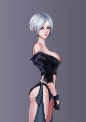 Rule 34 | 1girl, angel (kof), blue eyes, breasts, chaps, cropped jacket, fingerless gloves, from side, gloves, grey background, hair over one eye, highres, large breasts, lips, midriff, nose, off shoulder, oroo, parted lips, short hair, silver hair, simple background, sleeves pushed up, snk, solo, the king of fighters, thighs