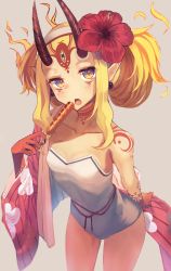 Rule 34 | 1girl, bare legs, bare shoulders, blonde hair, brown eyes, collarbone, cowboy shot, earrings, fang, fang out, fate/grand order, fate (series), fingernails, flower, grey background, hair flower, hair ornament, highres, hopepe, horns, hot dog, ibaraki douji (fate), ibaraki douji (swimsuit lancer) (second ascension) (fate), jewelry, long hair, looking at viewer, one-piece swimsuit, pointy ears, sharp fingernails, simple background, skewer, solo, swimsuit, tattoo, white one-piece swimsuit