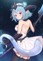 Rule 34 | 1girl, bare shoulders, black thighhighs, blue flower, blue hair, blush, breasts, closed mouth, commentary request, curled horns, dragon girl, dragon horns, dragon tail, dress, flower, from behind, garter straps, gauntlets, granblue fantasy, hair between eyes, hair flower, hair ornament, headpiece, highres, holding, holding weapon, horns, looking at viewer, looking back, pointy ears, purple eyes, short hair, small breasts, solo, strapless, strapless dress, tail, thighhighs, uneg, weapon, white dress, whitefrost dragonewt filene