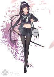 Rule 34 | 1girl, absurdres, artist name, ascot, azur lane, bag, black footwear, black hair, black pantyhose, black skirt, blurry, blurry foreground, character name, closed mouth, commentary request, contrapposto, crossed legs, frilled skirt, frills, frown, full body, hair ornament, hair ribbon, highres, holding, holding bag, katana, long hair, long sleeves, looking away, midriff, miiro, navel, official alternate costume, pantyhose, petals, pleated skirt, ribbon, school bag, school uniform, serafuku, skirt, solo, sword, takao (azur lane), takao (school romanza) (azur lane), thigh gap, very long hair, weapon, weapon on back, white ribbon, yellow eyes