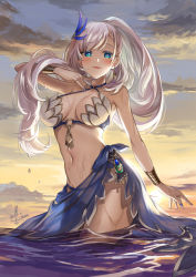 Rule 34 | 1girl, :d, bangle, blue eyes, blue nails, blush, bracelet, braid, braided bangs, breasts, cloud, earrings, feather hair ornament, feathers, french braid, hair ornament, highres, hololive, hololive indonesia, jewelry, kito koruta, long hair, medium breasts, midriff, nail polish, navel, open mouth, pavolia reine, ponytail, signature, silver hair, single earring, sky, smile, solo, sunset, swimsuit, very long hair, virtual youtuber, water, wet