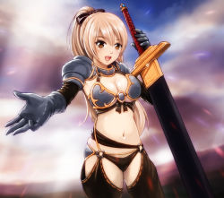 Rule 34 | 1girl, :d, armor, bikini armor, black gloves, black thighhighs, blush, borurun, bow, breasts, brown eyes, brown hair, cleavage, front-tie top, gloves, hair bow, huge weapon, large breasts, light rays, long hair, looking at viewer, navel, o-ring, o-ring bottom, open mouth, original, outstretched arm, outstretched hand, pauldrons, ponytail, shoulder armor, smile, solo, sunbeam, sunlight, sword, thighhighs, weapon