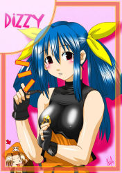 Rule 34 | 1girl, arc system works, arrow (symbol), artist request, bare shoulders, black bodysuit, blue background, blue hair, blush, bodysuit, border, breasts, brown hair, character name, chibi, chibi inset, covered erect nipples, dizzy (guilty gear), fingerless gloves, gloves, guilty gear, large breasts, looking at viewer, notice lines, parted lips, pink background, red eyes, signature, simple background, skin tight, skull and crossbones, solo, twintails, upper body