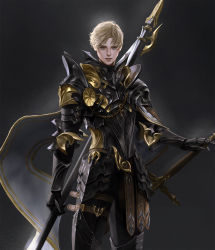 Rule 34 | 1boy, armor, black armor, blonde hair, chain, closed mouth, cowboy shot, daeraeband, grey eyes, highres, korean commentary, looking at viewer, male focus, nose, original, short hair, solo, sword, weapon