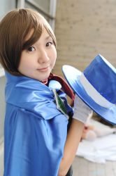 Rule 34 | 1girl, ace attorney, apollo justice ace attorney, asian, blurry, brown eyes, brown hair, capcom, cape, cosplay, depth of field, gloves, hat, looking at viewer, miasa, mole, mole under eye, photo (medium), scarf, solo, top hat, trucy wright, trucy wright (cosplay), white gloves