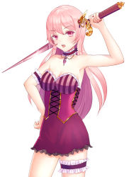 Rule 34 | 1girl, arm up, armpits, bare shoulders, bichon168, blush, choker, cowboy shot, dress, hair ornament, hand on own hip, jewelry, long hair, looking at viewer, nail polish, necklace, open mouth, original, pink eyes, pink hair, purple dress, purple nails, solo, strapless, strapless dress, sword, thigh strap, weapon, white background