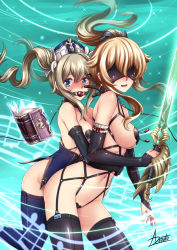 Rule 34 | 2girls, adsouto, alternate costume, arm around waist, ball gag, barbara (genshin impact), bdsm, black gloves, blindfold, blonde hair, blue eyes, blush, bondage outfit, book, chain, collar, commentary, cross, cross earrings, detached sleeves, drooling, earrings, english commentary, gag, genshin impact, gloves, harness, highres, holding, holding sword, holding weapon, jean (genshin impact), jewelry, leash, long hair, looking at viewer, magic, multiple girls, musical note, open mouth, ponytail, siblings, signature, sisters, slave, sword, thighhighs, twintails, weapon