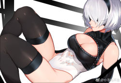 Rule 34 | 1girl, black gloves, black thighhighs, blindfold, bob cut, breasts, cleavage, cleavage cutout, clothing cutout, covered eyes, covered navel, elbow gloves, gloves, hairband, large breasts, leotard, lips, mole, mole under mouth, nier:automata, nier (series), parted lips, ribbon trim, short hair, silver hair, skindentation, solo, thighhighs, weibo watermark, xiaoshou xiansheng, 2b (nier:automata)