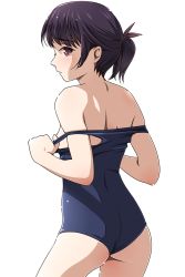 Rule 34 | 1girl, ass, back, bare back, bare legs, bare shoulders, black hair, blush, breasts, brown eyes, clothes pull, cowboy shot, female focus, highres, legs, looking back, matsunaga kouyou, neck, off shoulder, one-piece swimsuit, one-piece swimsuit pull, original, ponytail, pulling own clothes, purple eyes, school swimsuit, short hair, shy, sideboob, simple background, small breasts, solo, standing, strap slip, swimsuit, undressing, white background
