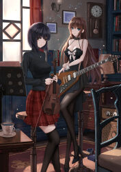 Rule 34 | 2girls, aozaki aoko, bare shoulders, black dress, black footwear, black hair, black pantyhose, black sweater, black thighhighs, blue eyes, book, bookshelf, bow, breasts, brown eyes, brown hair, chair, cleavage, clock, closed mouth, collarbone, cup, dress, electric guitar, expressionless, feet out of frame, guitar, high heels, highres, holding, holding instrument, holding violin, indoors, instrument, jewelry, kuonji alice, lamp, long hair, long sleeves, looking at viewer, mahou tsukai no yoru, medium breasts, multiple girls, necklace, own hands together, pantyhose, plaid, plaid skirt, red skirt, short hair, skirt, sleeveless, sleeveless dress, standing, steam, sweater, teacup, thighhighs, very long hair, violin, white bow, window, wrist cuffs, yuzuriha (atelier liang), zettai ryouiki