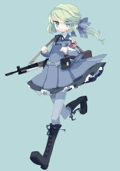 Rule 34 | 1girl, armband, bad id, bad pixiv id, blue eyes, boots, bow, cross-laced footwear, dress, female focus, full body, green hair, gun, hair bow, knee boots, lace-up boots, long hair, original, pantyhose, ponytail, rifle, simple background, sks, solo, weapon, yokoe (mealtime)